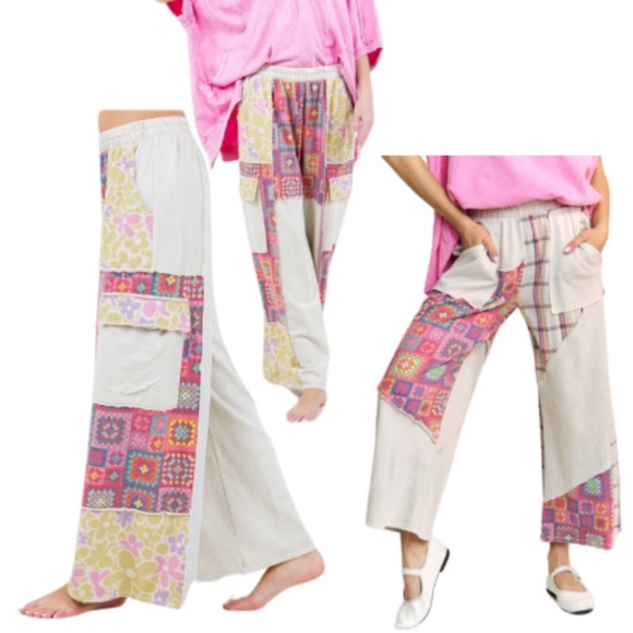 New Boutique Mineral Washed BOHO Crochet Floral Printed Pants So Fun! - Picture 4 of 7